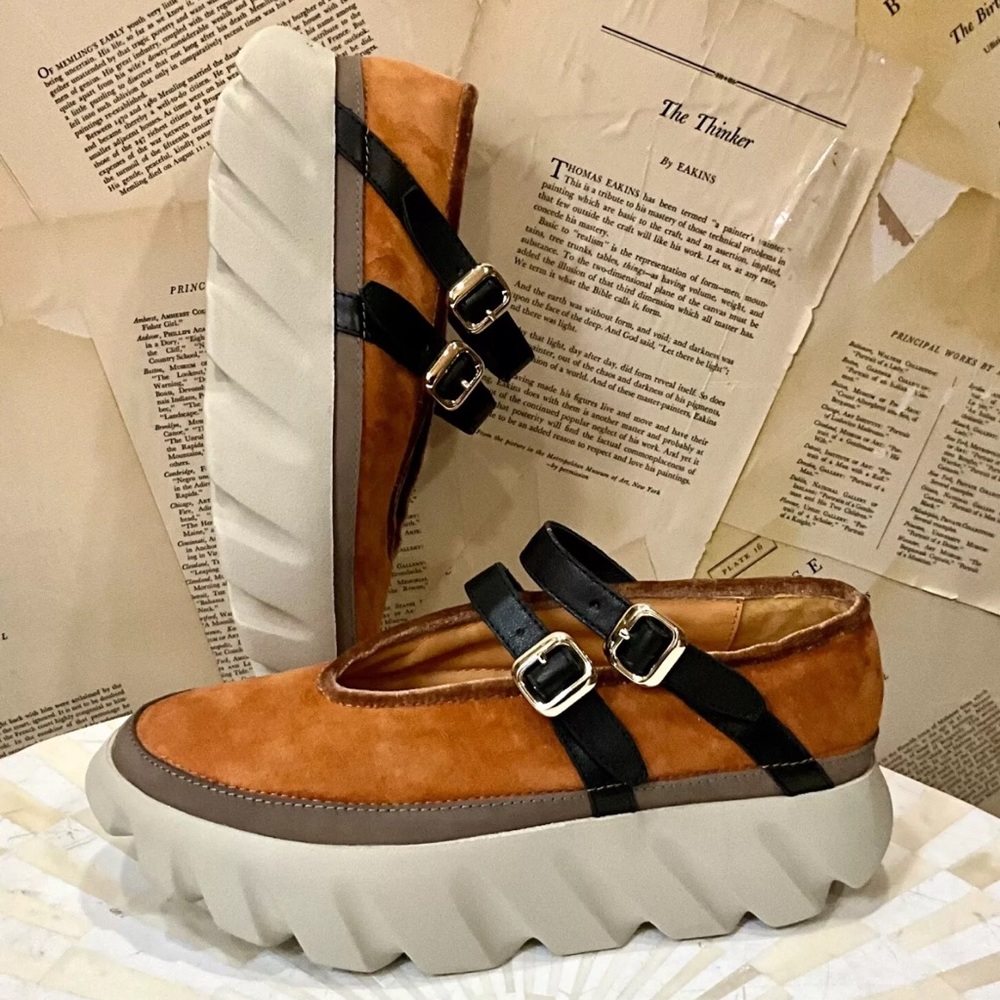 Free People 4CCCCEES Tura Mary Janes Platform Shoe Tan Gold Suede Black - Picture 4 of 12